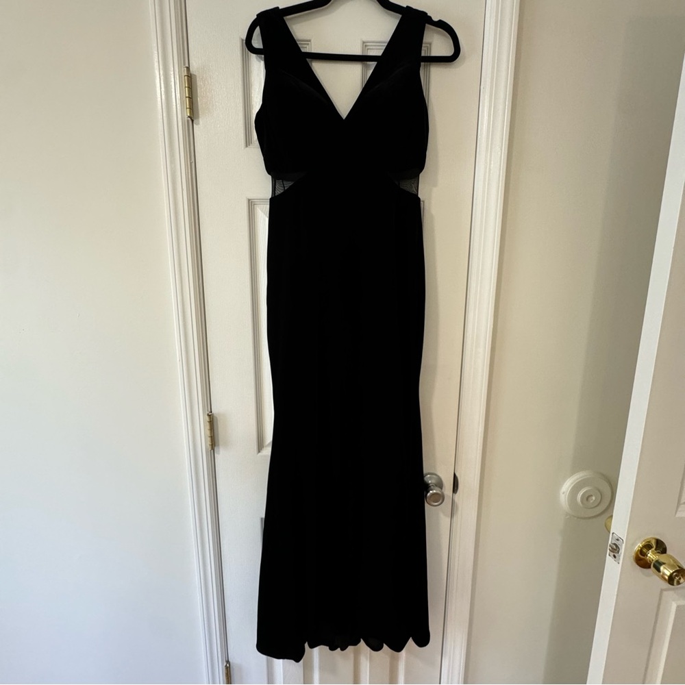 Aqua velvet gown with see-through sides
